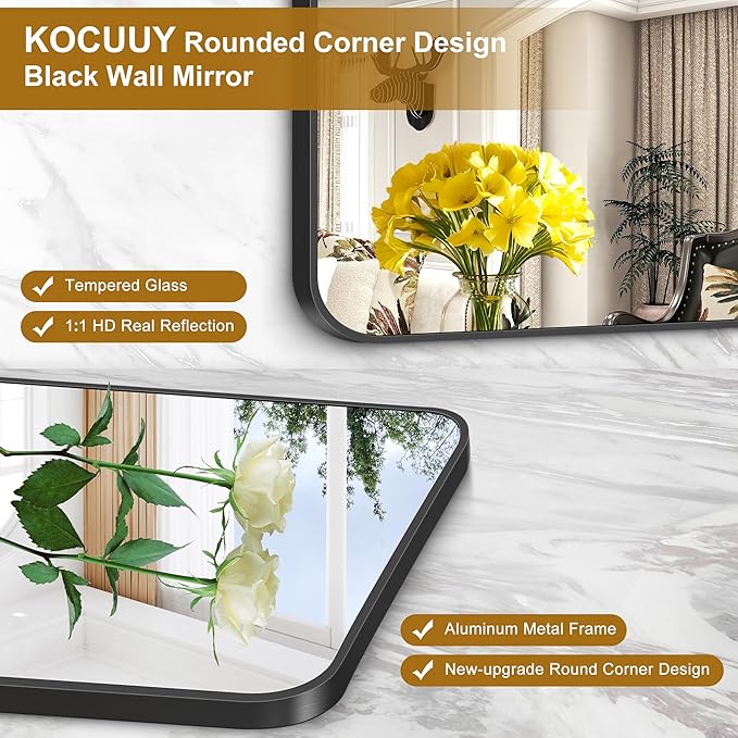 KOCUUY Black Bathroom Vanity Mirror, 24 x 48 inch Metal Frame Mirror with Rounded Corner, Rectangle Design of Upgraded Shatterproof Glass for Bathroom, Bedroom, Living Room, Entryway