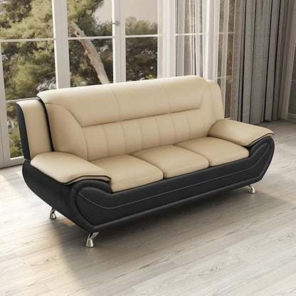 Container Furniture Direct Michael Modern Faux Leather Upholstered Stainless Steel Legs Living Room Sofa, Black Camel