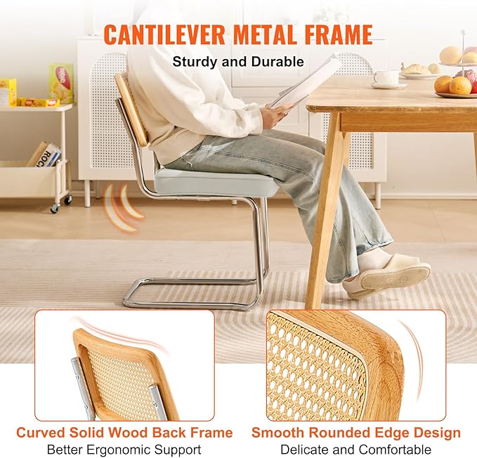 VEVOR Rattan Chairs Set of 2, Mid Century Modern Dining Chair, Upholstered Velvet Accent Chair with Rattan Back, Retro Kitchen Chair for Living Room, Bedroom (18.1 Inch)