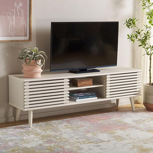 SAFAVIEH Averi TV Stand for up to 65" Flatscreen – White Wash, 2 Sliding Doors with Interior Storage, 2 Open Shelves, Entertainment Media Console (MED9637D)