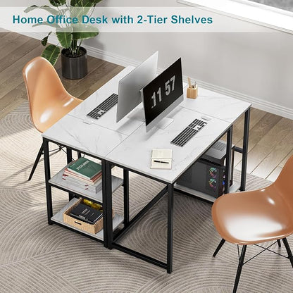 SINPAID Computer Desk 40 inches with 2-Tier Shelves Sturdy Home Office Desks with Large Storage Space Modern Gaming Desk Study Writing Laptop Table, Black Marbling (White Marble, 40 inch)