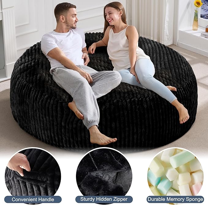 Hobestluk 6ft Bean Bag Chairs for Adults Large Beanbag Chair with Stripe Plush Cover Big Bean Bag Chair for Living Room Bedroom Dorm Office - Black (70" x 70" x 15")