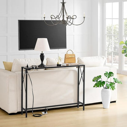 41.7" Console Table, Narrow Behind The Couch Table with Outlet, Industrial Skinny Sofa Table for Hallway, Entryway, Living Room,Walnut