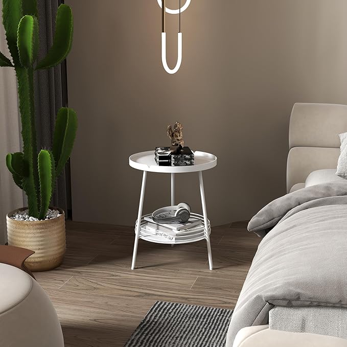 Benkyo 2 Tier White Metal Round Side Table Tiered Two Shelf Storage Coffee Sofa End Table for Living Room and Bedroom,White