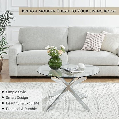 Round Glass Coffee Tables for Living Room, Home Office, Modern & Simple Center Table with Clear Tempered Glass Top, 35.5" Wx19.7 H Silver