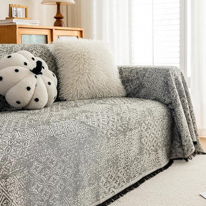 STACYPIK Geometric Pattern Sofa Cover Blanket, Black Couch Throw for Living Room, Couch Covers for Dogs, Washable Furniture Protector for 2 Cushion Sofa with Tassel, Anti-Slip Throw Cover-71X118IN