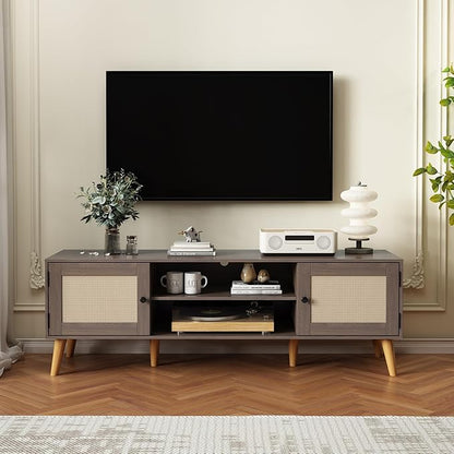 TV Stand for TVs up to 65 inches, Rattan Grain Finish Panel with 2 Storage cabinets, Modern Minimalist Style, Living Room, Audio-Visual Room for Multiple Rooms,3 Colors Available (Oak)