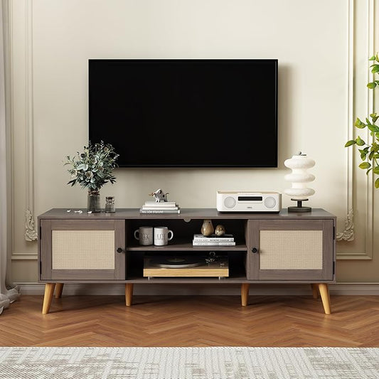 TV Stand for TVs up to 65 inches, Rattan Grain Finish Panel with 2 Storage cabinets, Modern Minimalist Style, Living Room, Audio-Visual Room for Multiple Rooms,3 Colors Available (Oak)