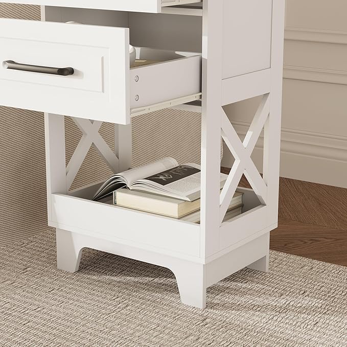 Tall Nightstand Set of 2 Side Table with 2 Drawers Modern Night Stand Wooden Rustic End Table Bedside Table with Below Open Shelf Solid Feet for Bedroom, Living Room, White+Walnut