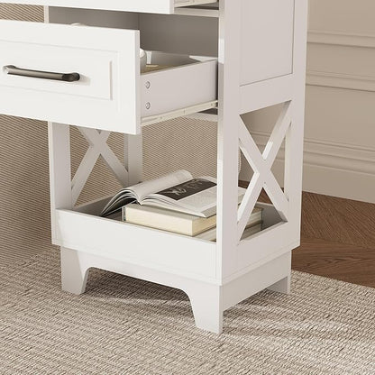 Tall Nightstand Set of 2 Side Table with 2 Drawers Modern Night Stand Wooden Rustic End Table Bedside Table with Below Open Shelf Solid Feet for Bedroom, Living Room, White+Walnut