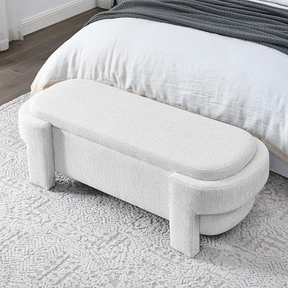 KEIKI 51" Linen Ottoman Bench with Large Storage Space, Upholstered Seating Foot Rest Stool Furniture for Bedroom, Living Room, Entryway, White