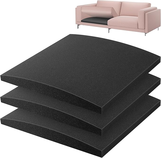 moonoom 22"x22" Couch Cushion Support, Black Sofa Cushion Sagging Repair, Curved High Density Foam Replacement for Furniture Sagging Seat Sectional Loveseat Chair (3 Pcs)