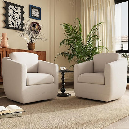 COLAMY 360° Swivel Accent Chair Set of 2 with Pillow - Comfy Living Room Armchair No-Sag Foam & Sturdy Metal Base, Fully Assembled Swivel Accent Single Sofa for Bedroom Living Room, Office, Beige