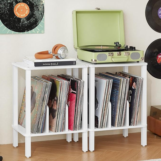 LELELINKY 2-Tier Bamboo Record Player Stand Set of 2 with Vinyl Record Storage up to 100 Albums, Boho Bedroom Record Holder and Multi-Functional End Table for Living Room, White