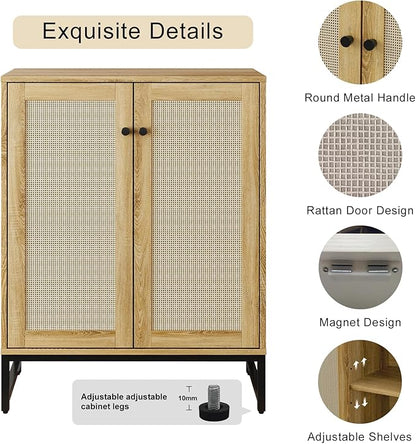 Sideboard Buffet Cabinet, Storage Cabinet with Double Rattan Doors, Modern Rattan Sideboard Cabinet, Kitchen Storage Cabinet with Metal Feet, for Entryway, Bedroom, Living Room (Natural Wood)