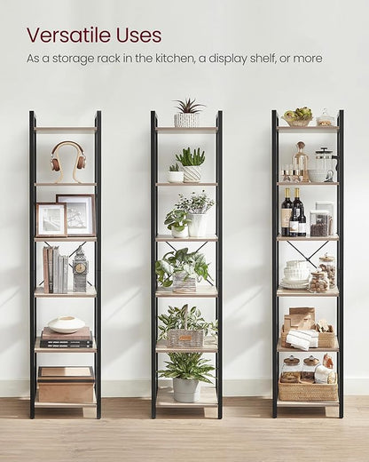 VASAGLE 6-Tier Bookshelf, Bookcase with Steel Frame, Book Shelf for Living Room, Home Office, Study, 11.8 x 15.7 x 73.2 Inches, Industrial Style, Heather Greige and Ink Black ULLS101B02