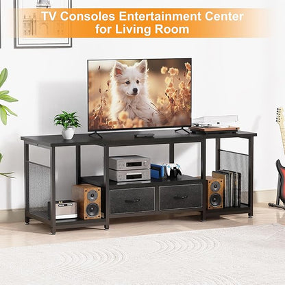 TV Stand with Drawers and Open Storage Shelves for 75 70 65 Inch TV, Entertainment Center with Open Storage Shelves, Industrial Media TV Console Table for Living Room Bedroom Office, Black