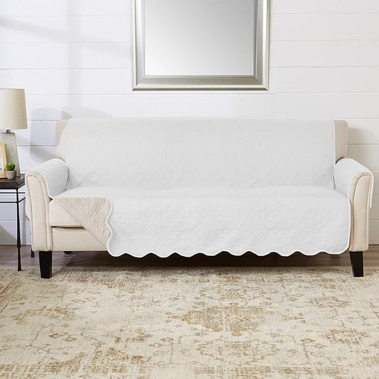 Great Bay Home Medallion Stitched Solid Furniture Protector Stain Resistant Durable Furniture Protector Elenor Collection (Sofa, White/Sand)