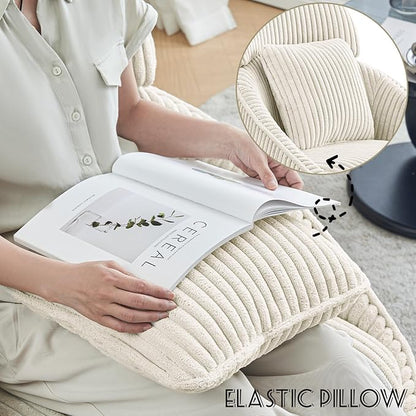 Furniliving Modern Accent Chair Upholstered Swivel Desk Chair for Living Room, Sofa Chair for Bedroom Armchair Side Chair with Headrest Bedroom Chair with Pillow Comfy Corduroy Chairs, Beige