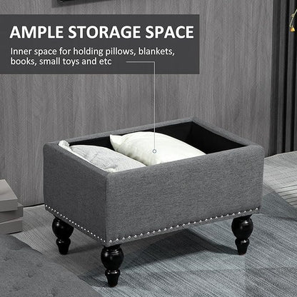 HOMCOM Ottoman with Storage for Living Room, 25" Storage Ottoman with Removable Lid, Button-Tufted Fabric Bench for Footrest and Seat with Wood Legs, Gray