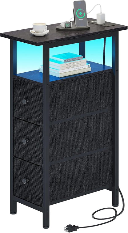 End Table with Charging Station, Narrow Side Table with 3 Fabric Drawers, Skinny Nightstand with LED Light, Slim Bedside Table for Bedroom, Living Room, Small Spaces, Black