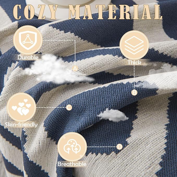 HANDONTIME Boho Chenille Sofa Cover - Denim Blue Geometric Reversible Blanket for L Shaped Couch - Sectional Protector for Dogs, 71" X 134"