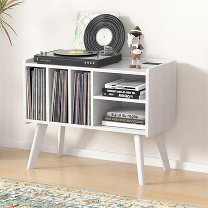 Forevich Record Player Stand Table with Vinyl Storage Holder Large Turntable Record Stand with Power Outlet Holds Up to 220 Albums Display Shelf Cabinet with Wood Legs for Living Room White