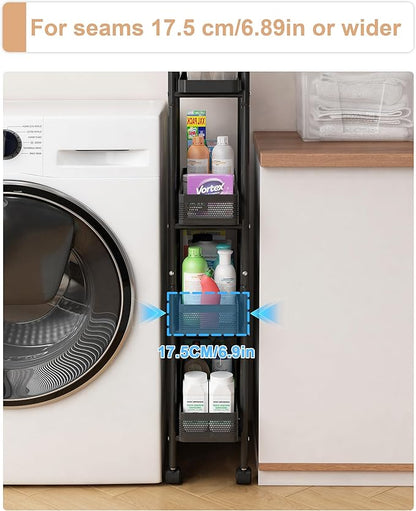 UMDONX Slim Storage Cart 4 Tier with Pull Out Basket Bathroom Organizer Rolling cart, Rolling Utility Cart Slide Out Organizer for Kitchen, Bathroom, Laundry Black
