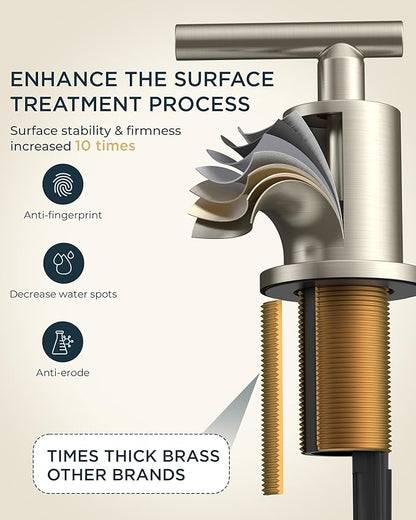 FORIOUS 8 In Widespread Brushed Nickel Bathroom Faucet 3 Hole with Metal Pop Up Drain and 24 Inch Supply Hose, 2 Handle 3 Hole Vanity Faucet for Bathroom Sink Brush Nickel with 360 Degree Swivel Spout