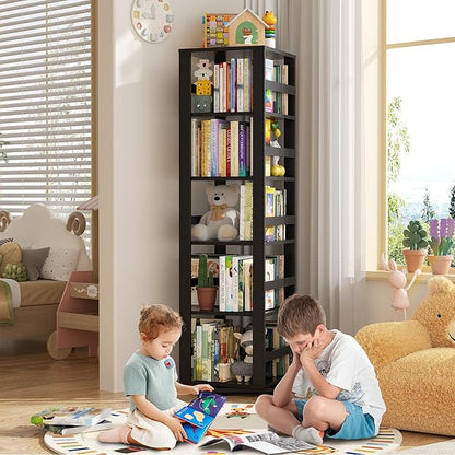 Homykic Rotating Bookshelf, Bamboo 360 Display Spinning Bookshelf Tower, 5-Tier Small Corner Bookcase for Small Spaces, Narrow Revolving Book Shelf Organizer Rack for Home Office, Black