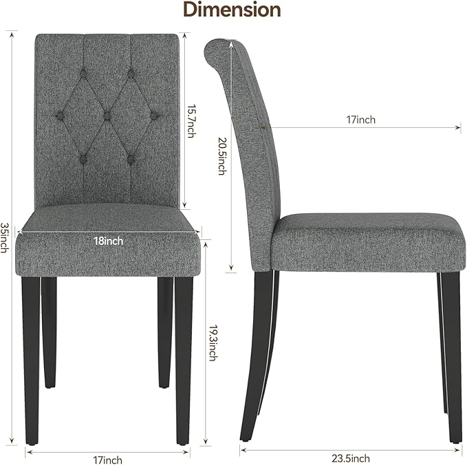 Upholstered Dining Chairs Set of 6, Button Tufted Parsons Dining Chair with Solid Wood Legs, Modern Fabric Side Chair for Dining Room/Kitchen/Restaurant/Hotel- Grey
