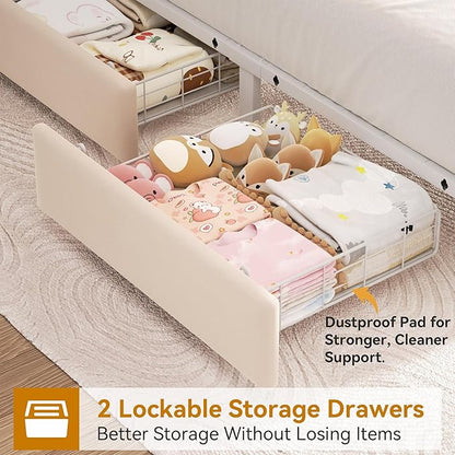 Twin Upholstered LED Bed Frame with 2 Storage Drawers and 2-Tier Storage Bookcase Headboard, Velvet Princess Platform Bed for Kids/Girls/Boys, Corner Bed Frame, Heavy Duty Metal Support, Beige