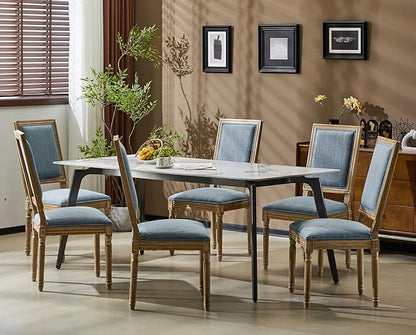 Merax Upholstered Solid Wood Dining Chairs Set of 6, French Country Style Accent Side Seating Furniture for Kitchen, Living Room, Cushioned Back, Slate Blue