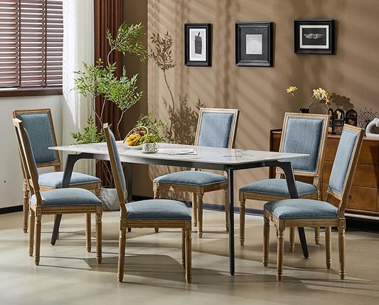 Merax Upholstered Solid Wood Dining Chairs Set of 6, French Country Style Accent Side Seating Furniture for Kitchen, Living Room, Cushioned Back, Slate Blue