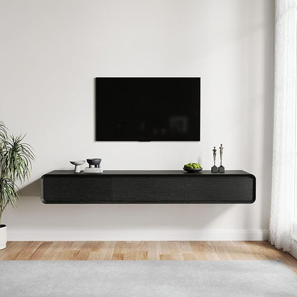 POVISON Fully-Assembled Minimalist Floating TV Stand, Modern Wall-Mounted Entertainment Center with 3 Flip-Down Cabinet Doors, Solid Wood Media Console, 70.87"