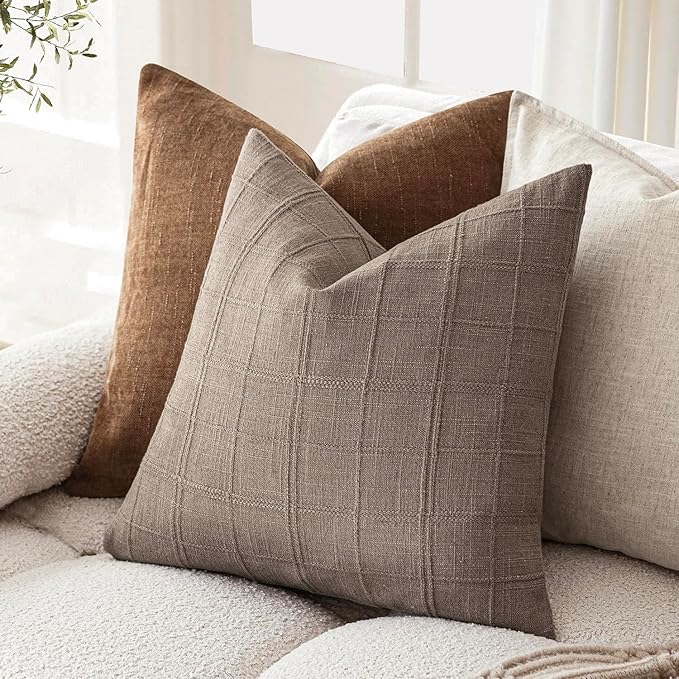 Foindtower Set of 2 Decorative Linen Check Throw Pillow Covers Neutral Farmhouse Vintage Cushion Covers Modern Boho Home Decor for Sofa Chair Couch Bedroom Living Room Outdoor,24×24 Inch,Tan Taupe