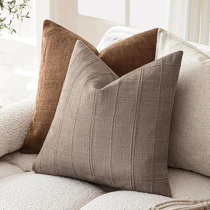 Foindtower Set of 2 Decorative Linen Check Throw Pillow Covers Neutral Farmhouse Vintage Cushion Covers Modern Boho Home Decor for Sofa Chair Couch Bedroom Living Room Outdoor,24×24 Inch,Tan Taupe