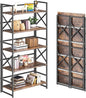 4NM 5 Tiers No Assembly Book Shelves, 51.2" H Folding Bookshelf Bookcase Open Industrial Foldable Shelves for Bedroom, Living Room, Home Office - Rustic Brown Black