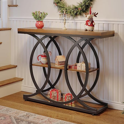GiftGo Narrow Console Table for Entryway Industrial 3-Tier Sofa Table Behind Couch with Circle Base Wooden Accent Wall Tables with Storage Shelves for Living Room, Hallway, Foyer (Rustic Brown)