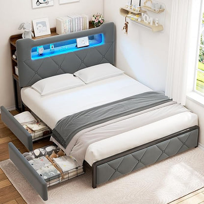 Queen Upholstered LED Bed Frame with 2 Storage Drawers and 2-Tier Storage Headboard, Velvet Platform Bed with Charging Station & Bookcase, Heavy Duty Metal Support, No Box Spring Needed, Grey