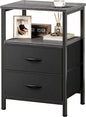 Huuger Night Stand with 2 Drawers, Bed Side Table with Open Shelf, Wooden Top, Nightstand for Bedroom, End Table for Small Space, Fabric Drawer, Grey