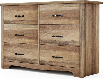 LINSY HOME 6 Drawers Dresser for Bedroom, 47" Wide Rustic Wood Dressers & Chests of Drawers, Modern Farmhouse Storage Dresser with Antique Handles for Closet, Living Room, Hallway, Rustic Brown