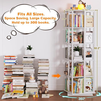 Aheaplus Rotating Bookshelf, Corner Bookcase, 360 Display Wood Spinning Bookshelves, Floor Standing Bookcases Narrow Shelf, 5 Tiers, White