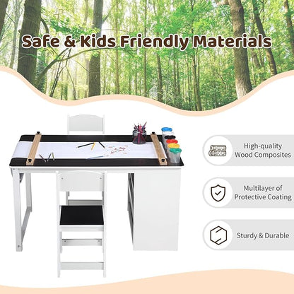 4 In 1 Kids Art Table and Chair Set,Toddler Craft Large Storage Desk with Portable Art Supply Organizer, Drawing Desk, Kids Activity and Study Table, Activity & Crafts for Children Wooden Furniture