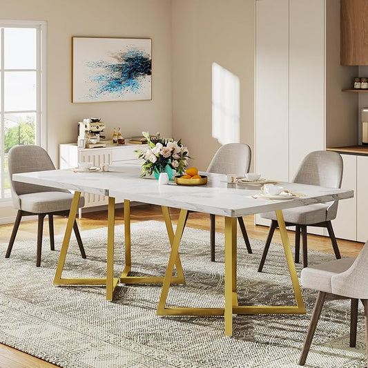 Tribesigns Square Dining Table for 6, 31.5" Modern Dinner Table with Metal Base, Kitchen Table for Dining Room, Small Space, Apartment, White & Gold