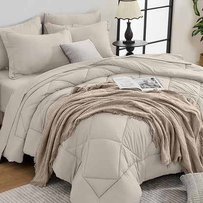HEVUMYI Beige Tan Cali-King Comforter Set - 7-Piece All Season Bed in a Bag Cali-King, Ultra Soft Bedding Set with Comforter, Flat Sheet, Fitted Sheet, Pillowcases, Pillow Shams, Beige Tan