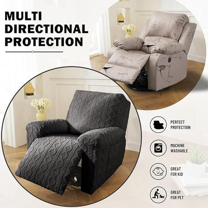 vctops 4 Pieces Geometric Jacquard Plush Recliner Slipcovers Soft Fuzzy Fluffy Sofa Couch Cover Anti-Slip Furniture Protector with Elastic Bottom for Kids Cats Dogs(Dark Grey,1 Seat)