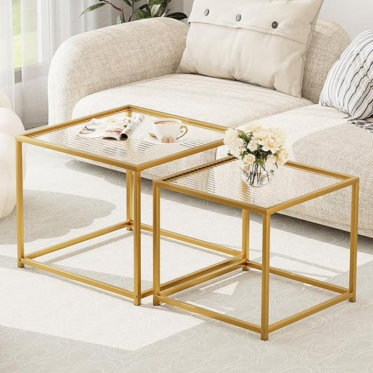 Garden 4 you Coffee Table Set of 2, Modern Patterned Glass Nesting Table, Metal Frame Square Center Table Set, Side Tables, Nesting Coffee Table for Living Room, Bedroom and Small Spaces, 23.6in Gold