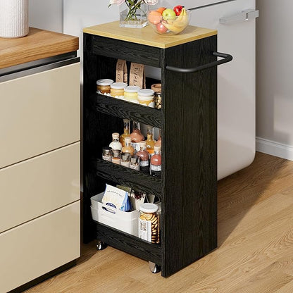 IRONCK Wood Storage Cart, 4 Tier Rolling Kitchen Cart on Wheels, Slide Out Utility Cart, Organizer Trolley with Handle, Drawer for Kitchen, Laundry, Bathroom, Black