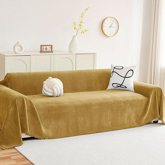 hyha Couch Cover for Dogs, Boho Sofa Covers for 3 Cushion Couch Washable, Chenille Sofa Slipcover for Pets, Soft Loveseat Sectional Couch Throw Blankets with Tassels (Yellow, 88.5x150 Inch)